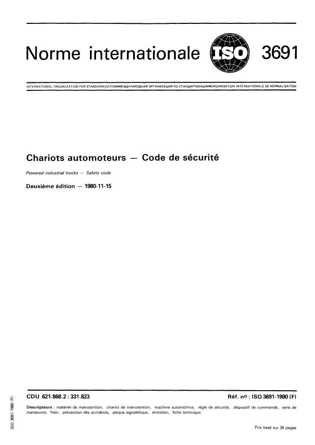 ISO 3691:1980 - Chariots automoteurs -- Code de sécurité