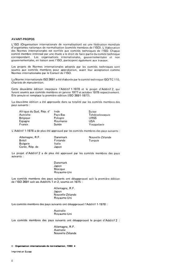 ISO 3691:1980 ISO 3691:1980 - Chariots automoteurs -- Code de sécurité - Page 2 preview