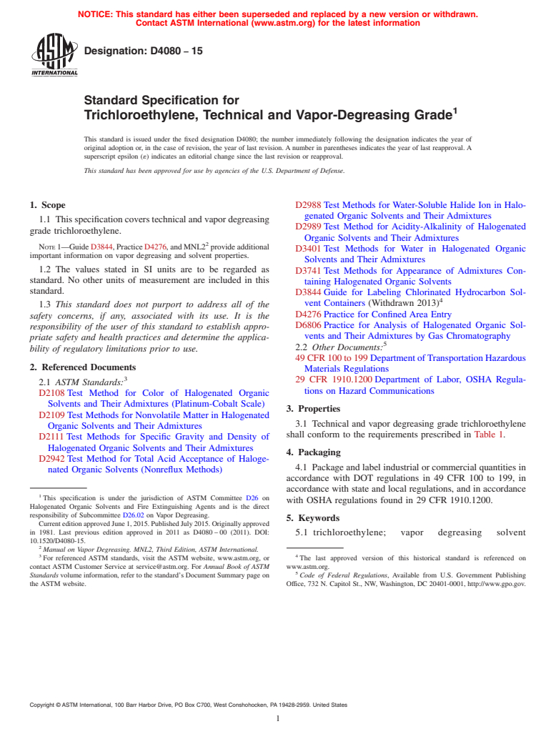 ASTM D4080-15 - Standard Specification for Trichloroethylene, Technical and Vapor-Degreasing Grade