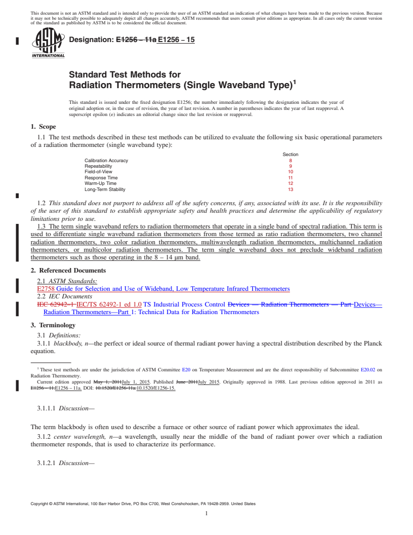 REDLINE ASTM E1256-15 - Standard Test Methods for  Radiation Thermometers (Single Waveband Type)