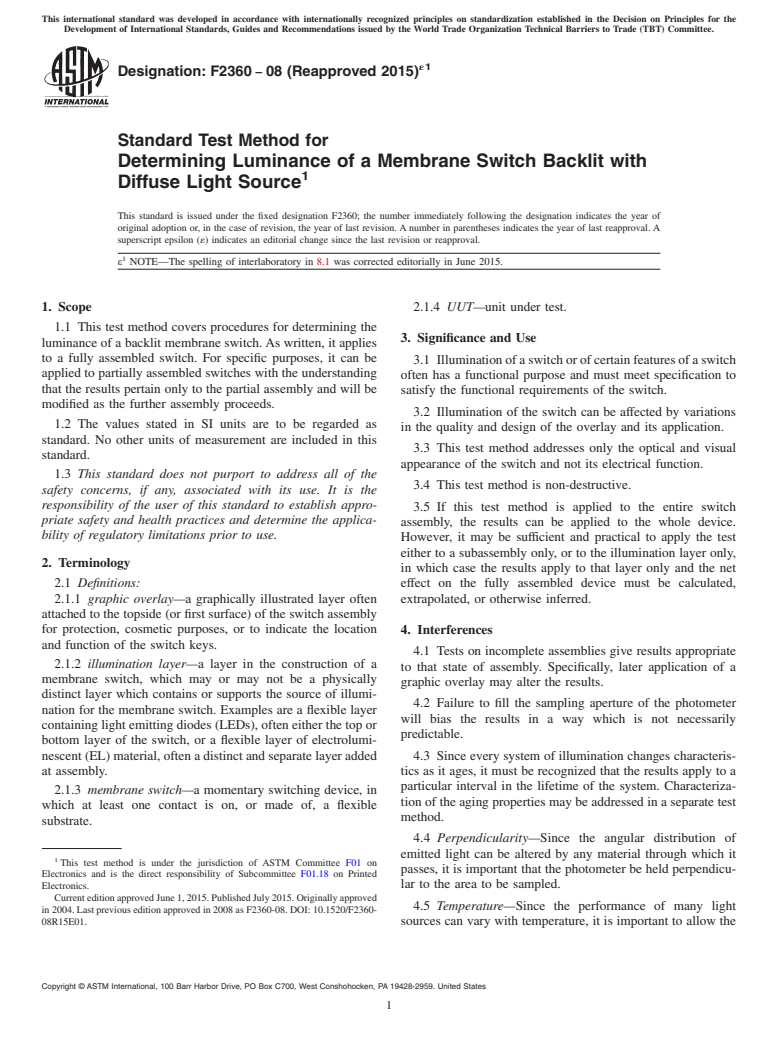 ASTM F2360-08(2015)e1 - Standard Test Method for  Determining Luminance of a Membrane Switch Backlit with Diffuse  Light Source