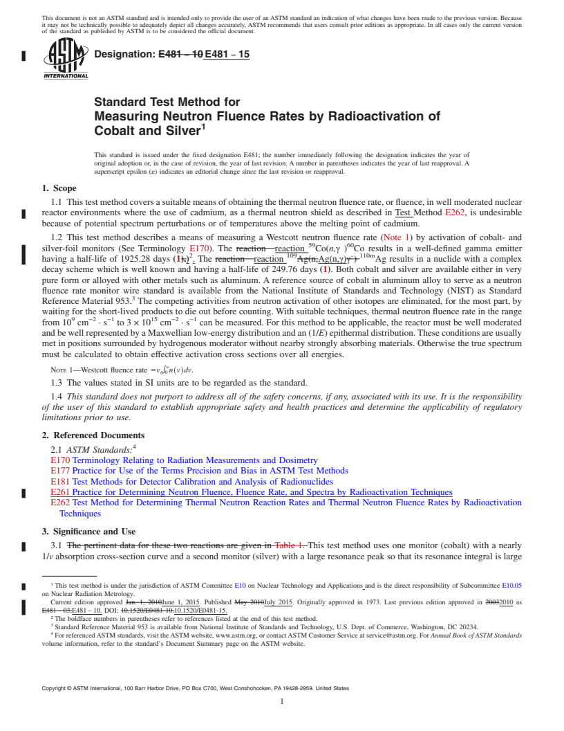 REDLINE ASTM E481-15 - Standard Test Method for  Measuring Neutron Fluence Rates by Radioactivation of Cobalt  and Silver