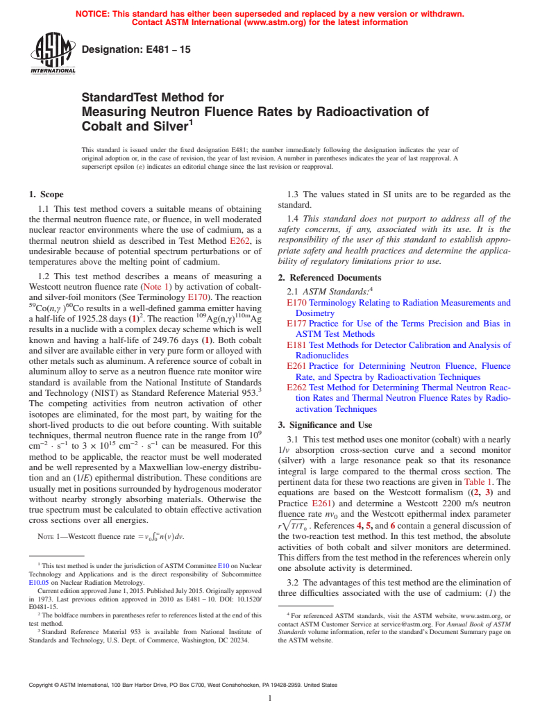 ASTM E481-15 - Standard Test Method for  Measuring Neutron Fluence Rates by Radioactivation of Cobalt  and Silver