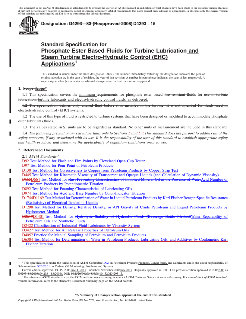 REDLINE ASTM D4293-15 - Standard Specification for  Phosphate Ester Based Fluids for Turbine Lubrication and Steam  Turbine Electro-Hydraulic Control (EHC) Applications