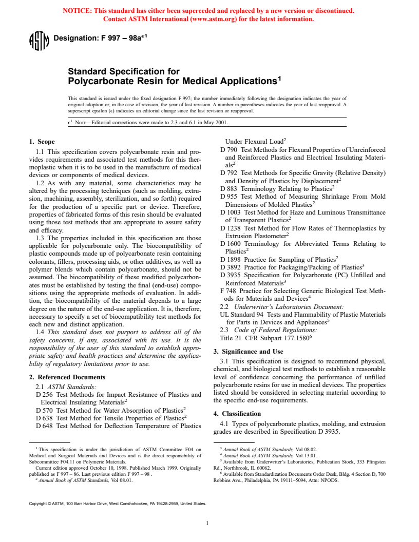 ASTM F997-98ae1 - Standard Specification for Polycarbonate Resin for Medical Applications