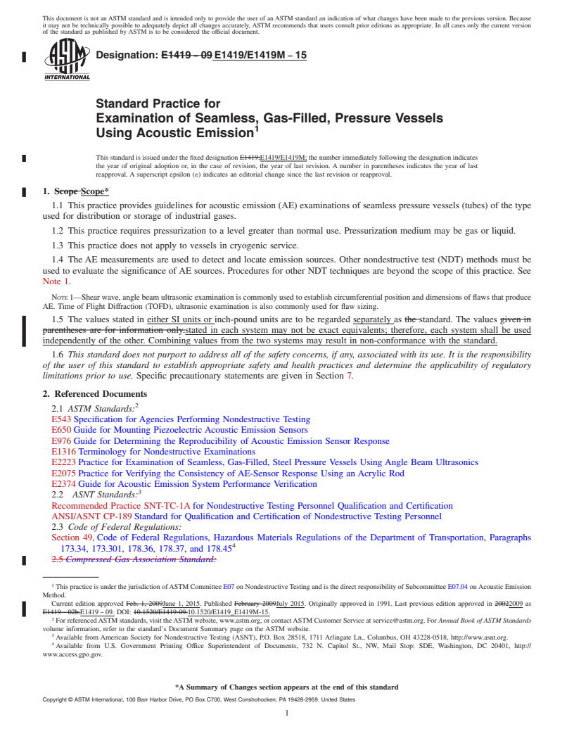 REDLINE ASTM E1419/E1419M-15 - Standard Practice for Examination of Seamless, Gas-Filled, Pressure Vessels Using Acoustic Emission