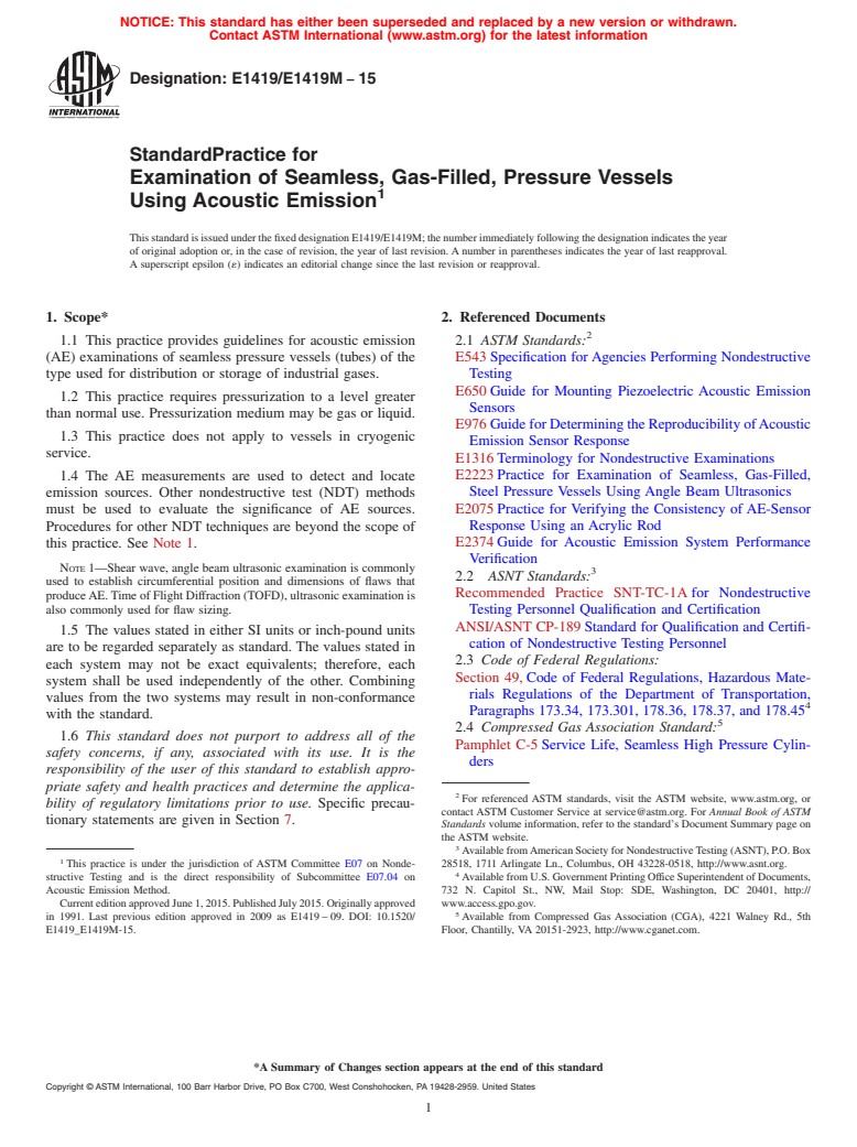 ASTM E1419/E1419M-15 - Standard Practice for Examination of Seamless, Gas-Filled, Pressure Vessels Using Acoustic Emission