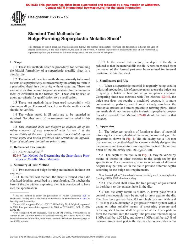 ASTM E2712-15 - Standard Test Methods for Bulge-Forming Superplastic Metallic Sheet