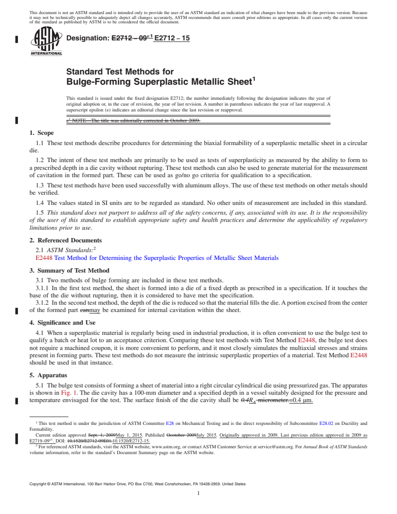 REDLINE ASTM E2712-15 - Standard Test Methods for Bulge-Forming Superplastic Metallic Sheet