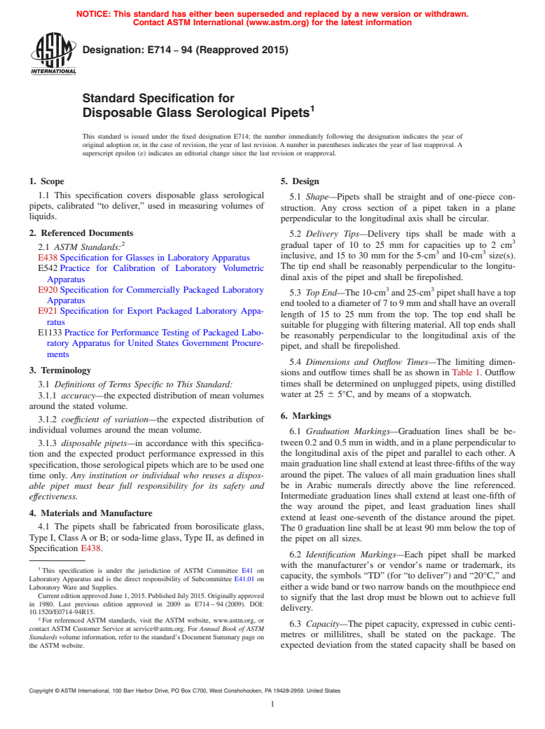 ASTM E714-94(2015) - Standard Specification for Disposable Glass Serological Pipets