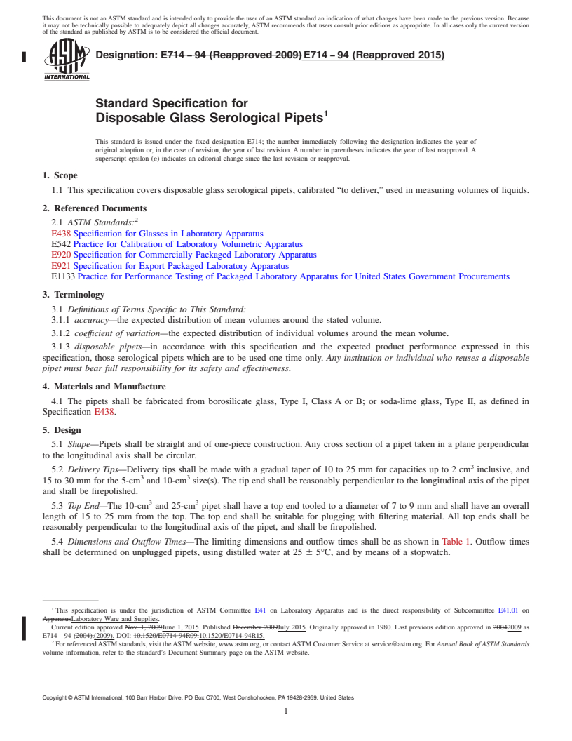 REDLINE ASTM E714-94(2015) - Standard Specification for Disposable Glass Serological Pipets