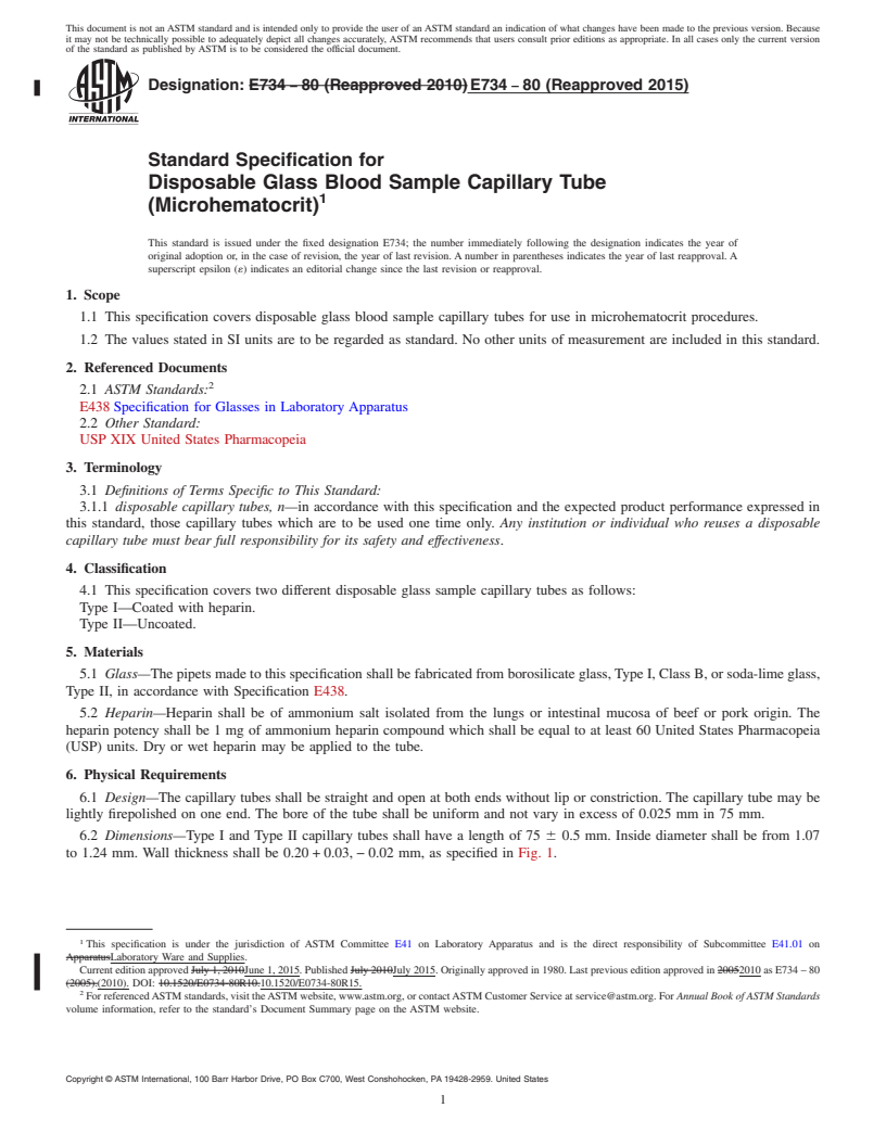 REDLINE ASTM E734-80(2015) - Standard Specification for Disposable Glass Blood Sample Capillary Tube (Microhematocrit)