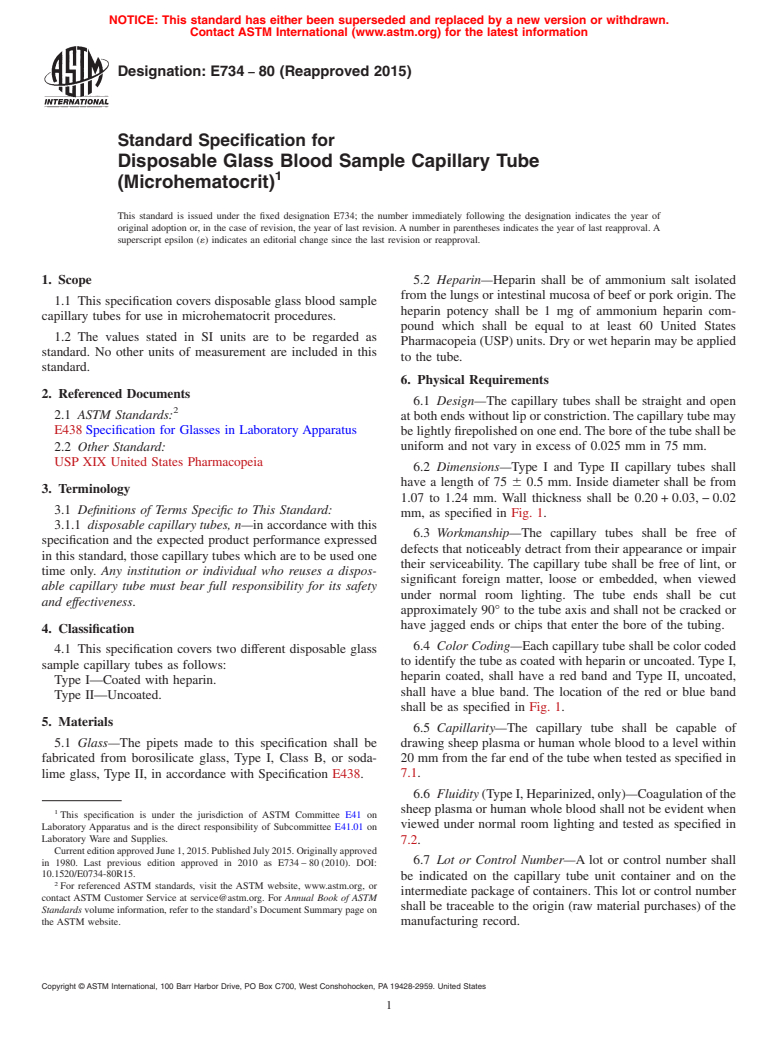 ASTM E734-80(2015) - Standard Specification for Disposable Glass Blood Sample Capillary Tube (Microhematocrit)