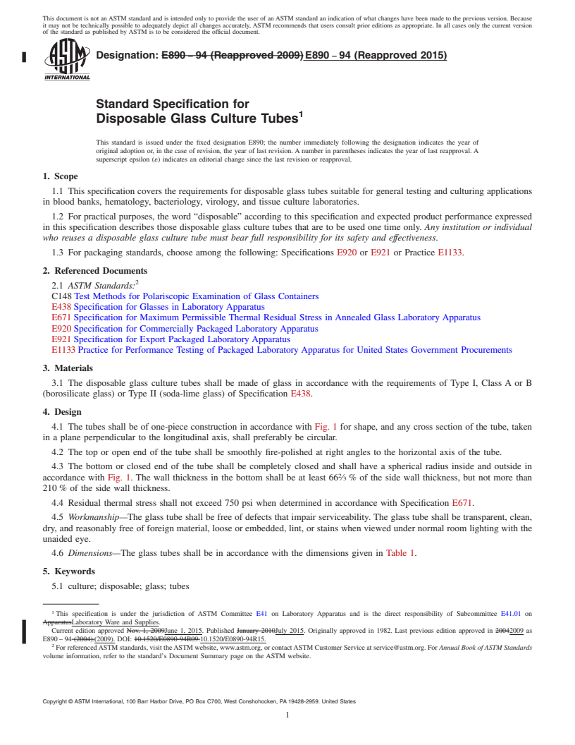 REDLINE ASTM E890-94(2015) - Standard Specification for Disposable Glass Culture Tubes