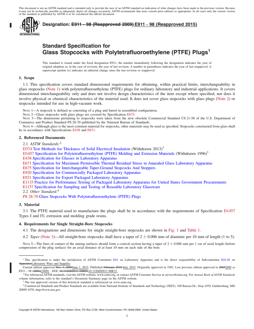 REDLINE ASTM E911-98(2015) - Standard Specification for Glass Stopcocks with Polytetrafluoroethylene (PTFE) Plugs