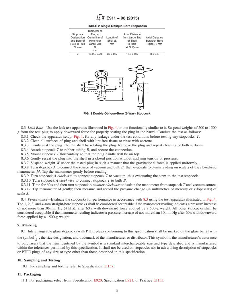 REDLINE ASTM E911-98(2015) - Standard Specification for Glass Stopcocks with Polytetrafluoroethylene (PTFE) Plugs