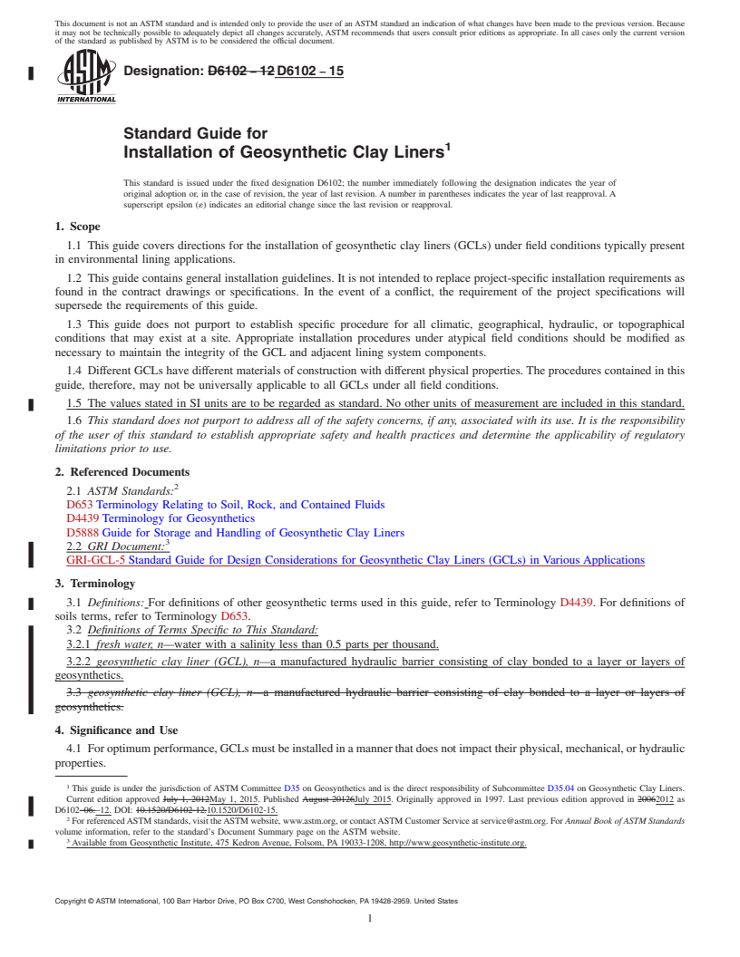 REDLINE ASTM D6102-15 - Standard Guide for Installation of Geosynthetic Clay Liners