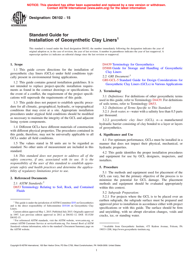 ASTM D6102-15 - Standard Guide for Installation of Geosynthetic Clay Liners