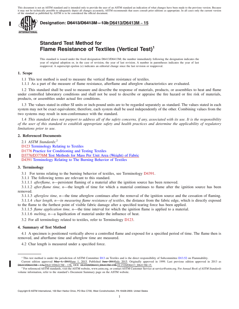 REDLINE ASTM D6413/D6413M-15 - Standard Test Method for Flame Resistance of Textiles (Vertical Test)