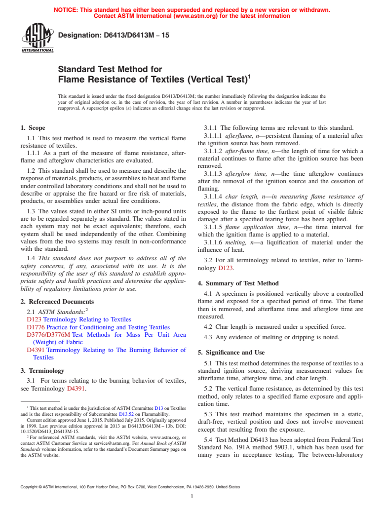 ASTM D6413/D6413M-15 - Standard Test Method for Flame Resistance of Textiles (Vertical Test)