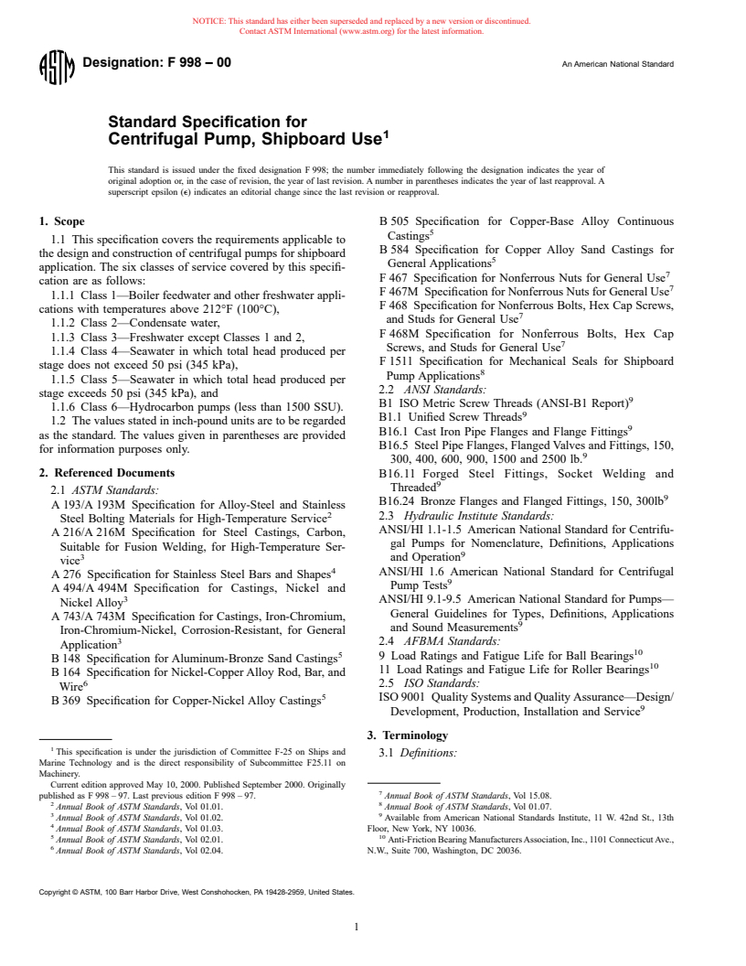 ASTM F998-00 - Standard Specification for Centrifugal Pump, Shipboard Use