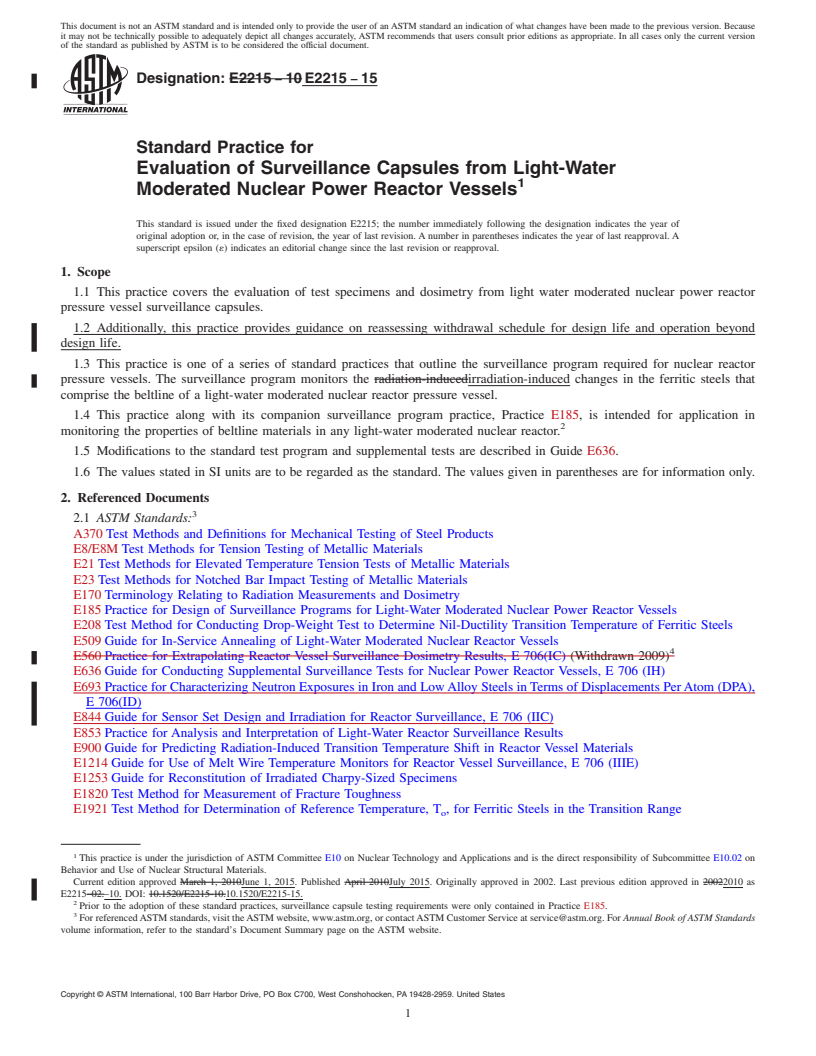 REDLINE ASTM E2215-15 - Standard Practice for Evaluation of Surveillance Capsules from Light-Water Moderated Nuclear Power Reactor Vessels
