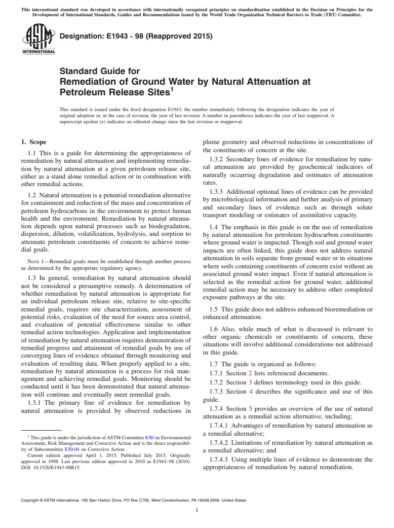 ASTM E1943-98(2015) - Standard Guide for Remediation of Ground Water by Natural Attenuation at Petroleum Release Sites