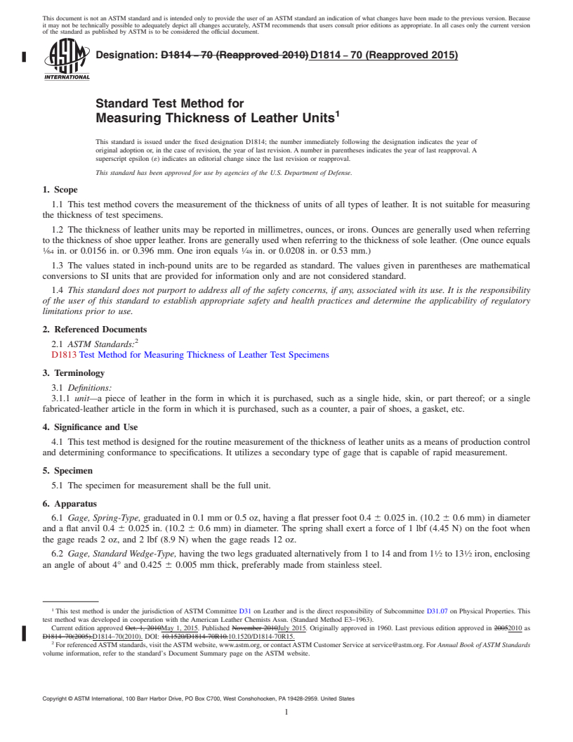 REDLINE ASTM D1814-70(2015) - Standard Test Method for Measuring Thickness of Leather Units