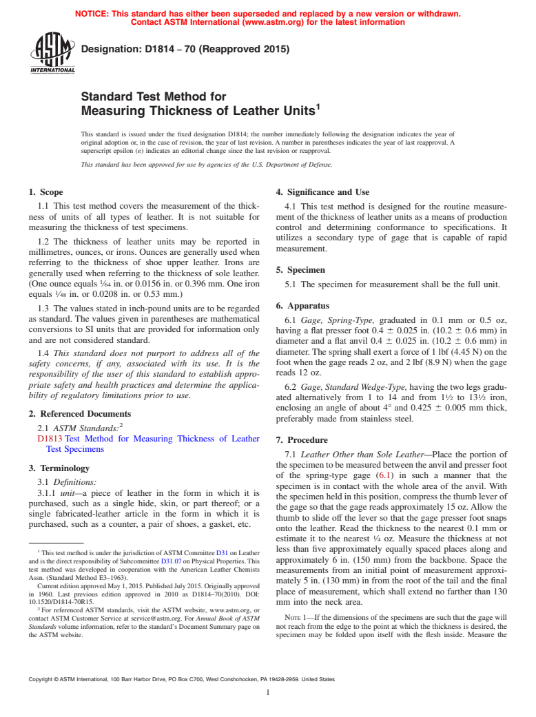 ASTM D1814-70(2015) - Standard Test Method for Measuring Thickness of Leather Units