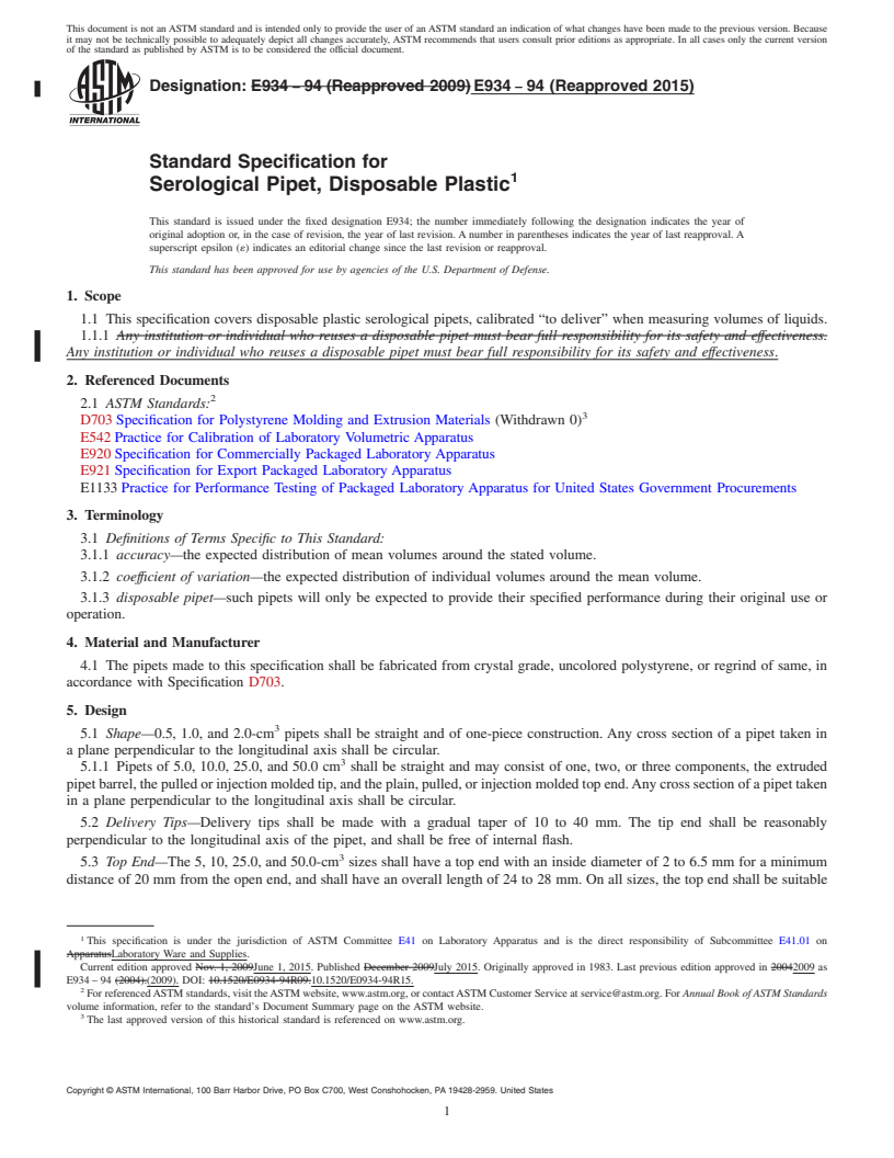 REDLINE ASTM E934-94(2015) - Standard Specification for Serological Pipet, Disposable Plastic