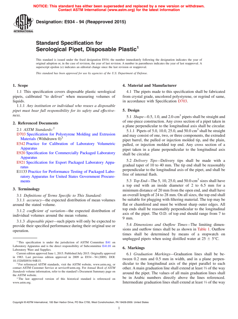 ASTM E934-94(2015) - Standard Specification for Serological Pipet, Disposable Plastic