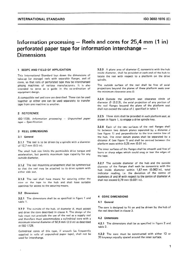 ISO 3692:1976 - Information processing -- Reels and cores for 25,4 mm (1 in) perforated paper tape for information interchange -- Dimensions