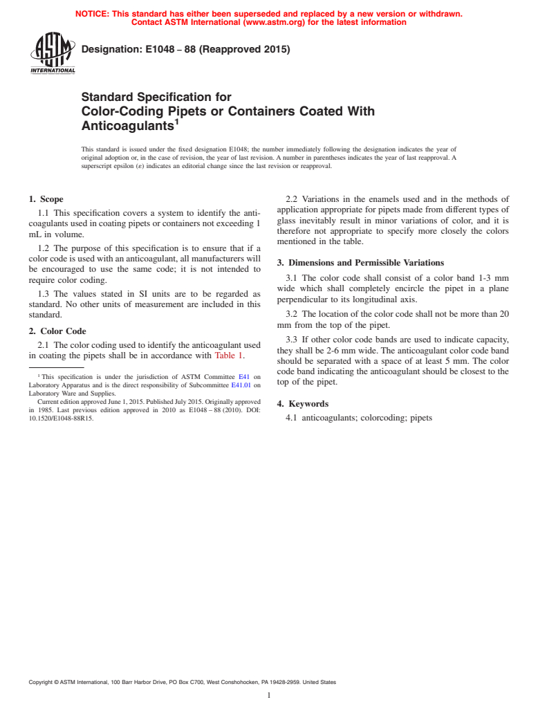 ASTM E1048-88(2015) - Standard Specification for Color-Coding Pipets or Containers Coated With Anticoagulants