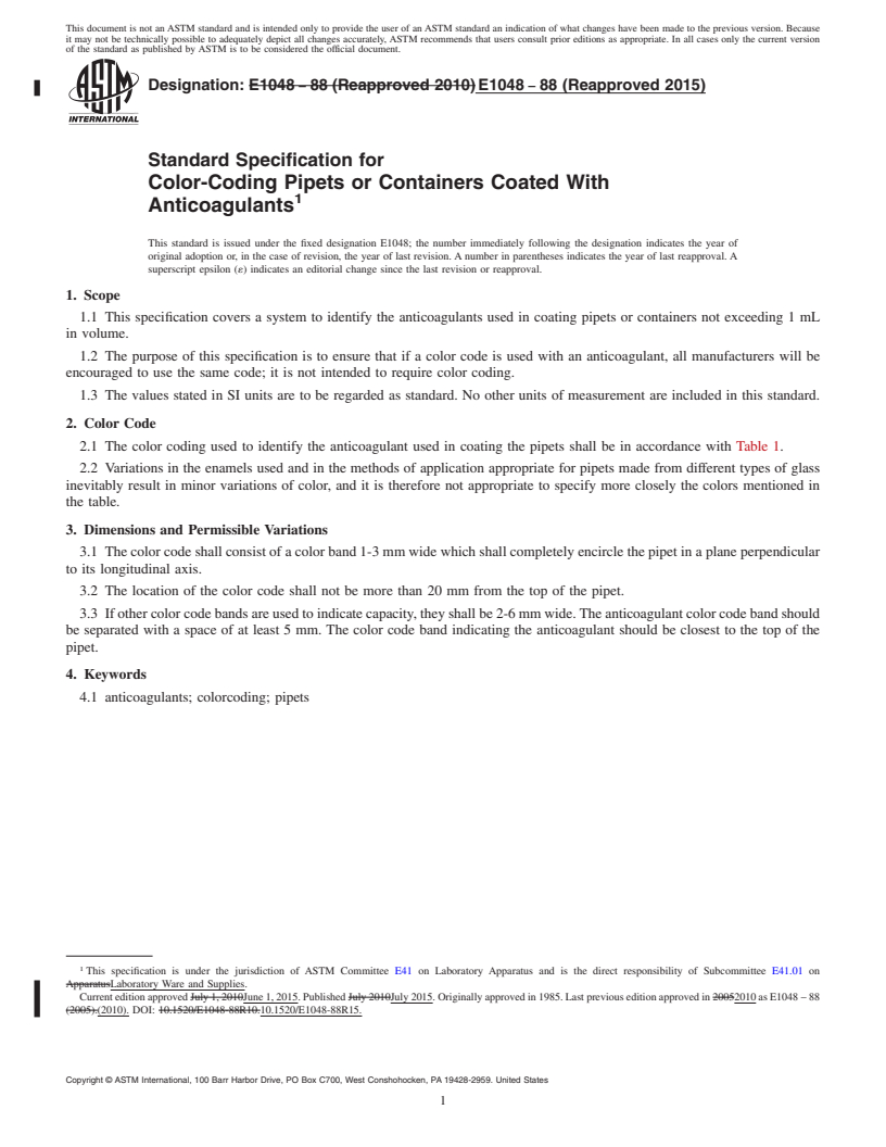 REDLINE ASTM E1048-88(2015) - Standard Specification for Color-Coding Pipets or Containers Coated With Anticoagulants