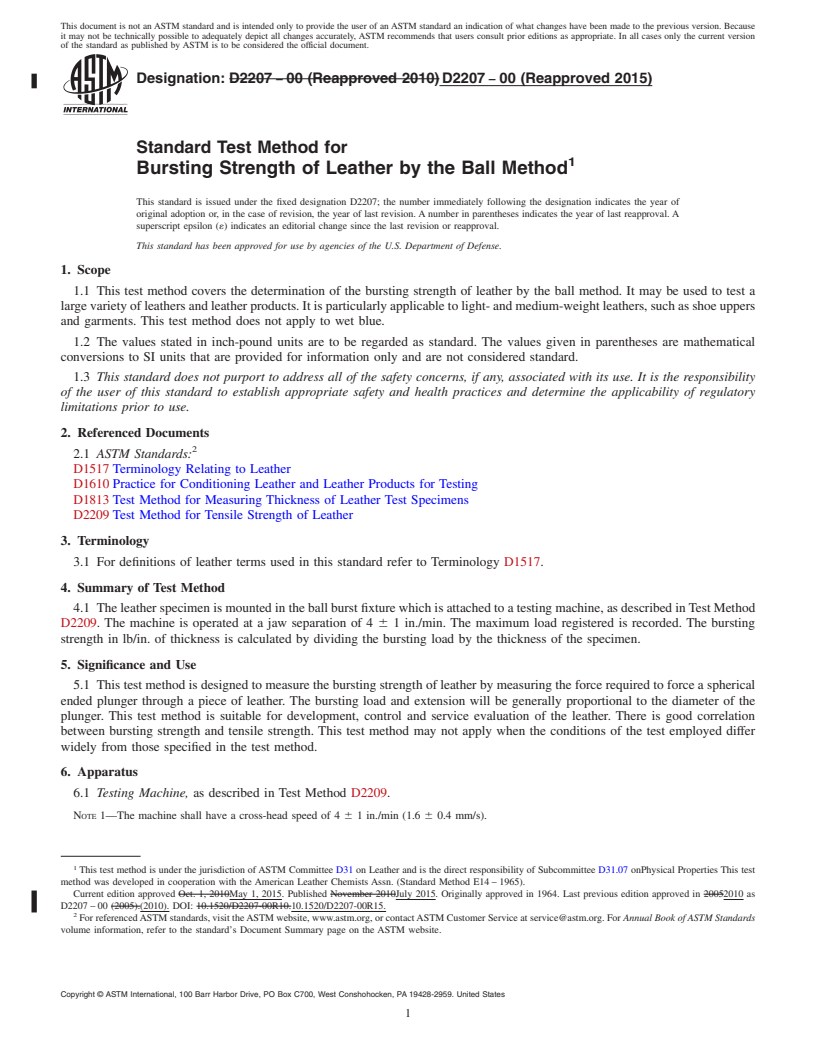 REDLINE ASTM D2207-00(2015) - Standard Test Method for Bursting Strength of Leather by the Ball Method