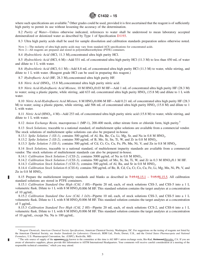 REDLINE ASTM C1432-15 - Standard Test Method for Determination of Impurities in Plutonium: Acid Dissolution, Ion Exchange Matrix Separation, and Inductively Coupled Plasma-Atomic Emission Spectroscopic (ICP/AES) Analysis