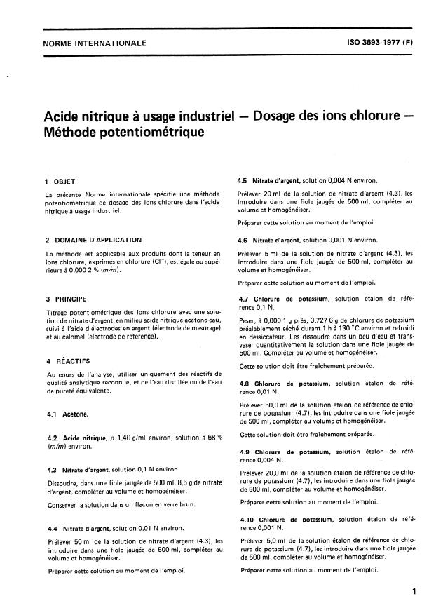 ISO 3693:1977 - Acide nitrique a usage industriel -- Dosage des ions chlorure -- Méthode potentiométrique