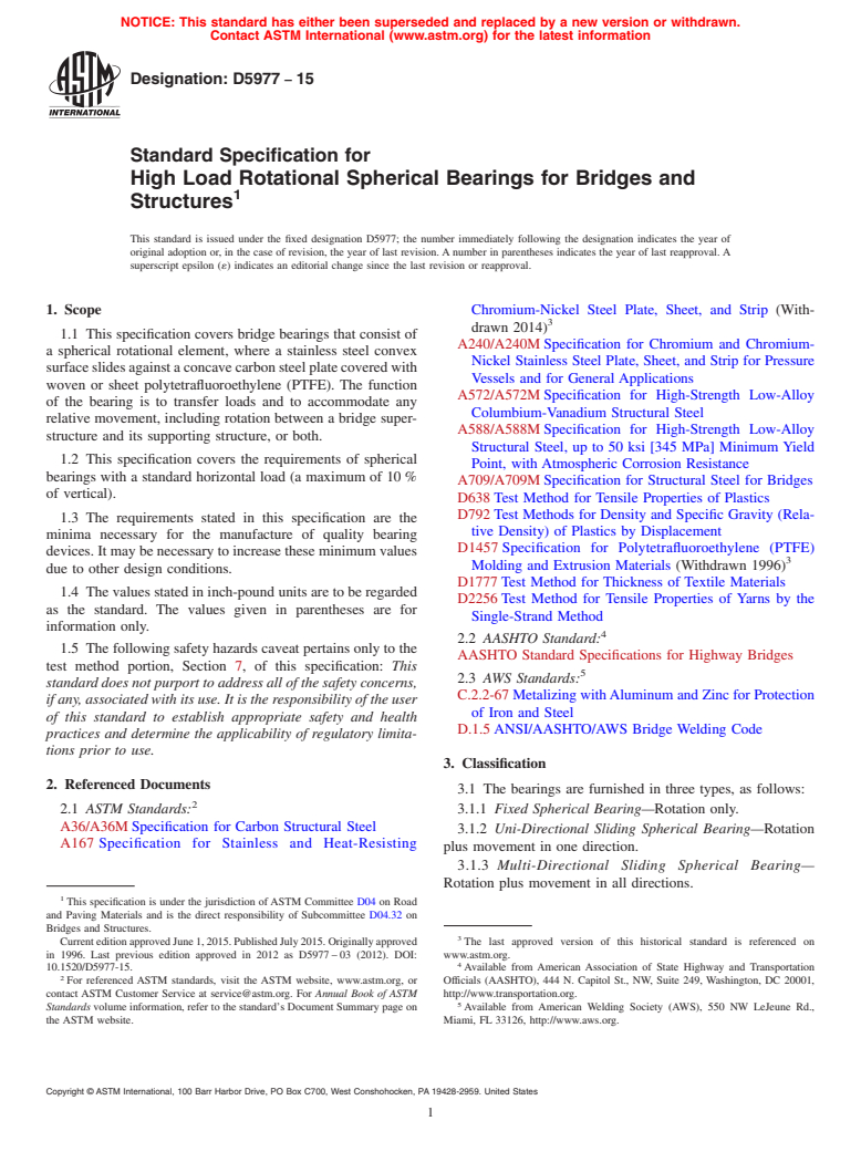 ASTM D5977-15 - Standard Specification for High Load Rotational Spherical Bearings for Bridges and Structures