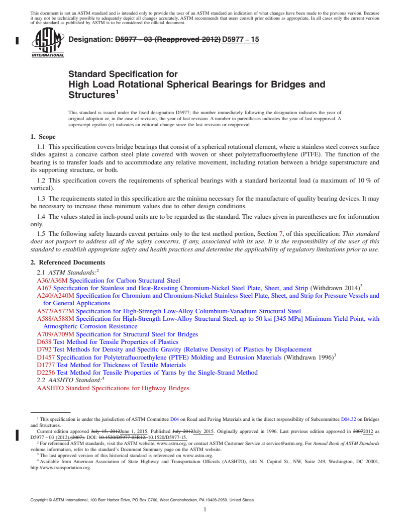 REDLINE ASTM D5977-15 - Standard Specification for High Load Rotational Spherical Bearings for Bridges and Structures