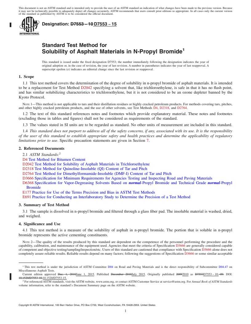 REDLINE ASTM D7553-15 - Standard Test Method for Solubility of Asphalt Materials in N-Propyl Bromide