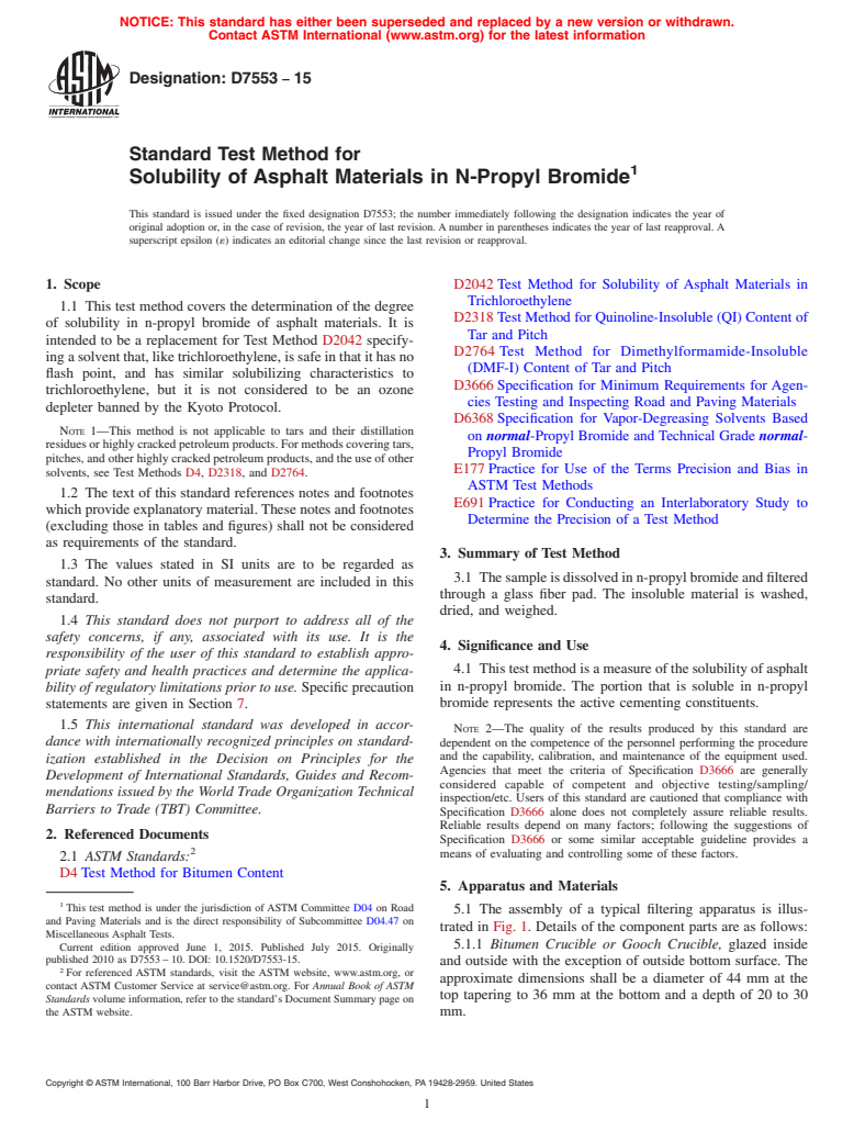 ASTM D7553-15 - Standard Test Method for Solubility of Asphalt Materials in N-Propyl Bromide