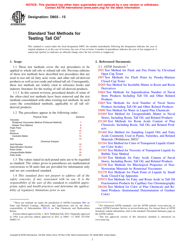 ASTM D803-15 - Standard Test Methods for Testing Tall Oil