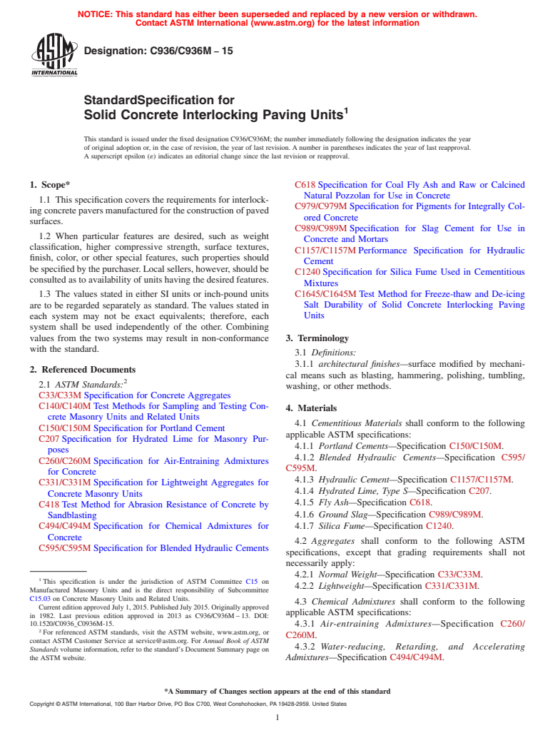 ASTM C936/C936M-15 - Standard Specification for Solid Concrete Interlocking Paving Units