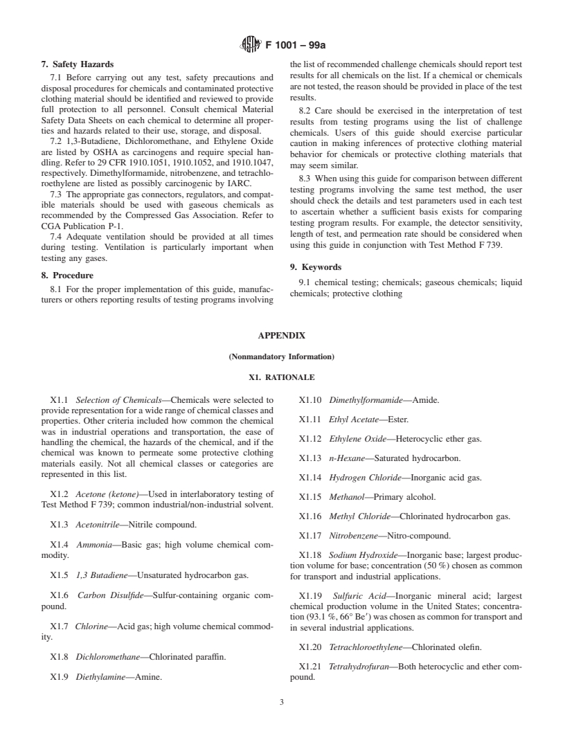 ASTM F1001-99a - Standard Guide for Selection of Chemicals to Evaluate Protective Clothing Materials