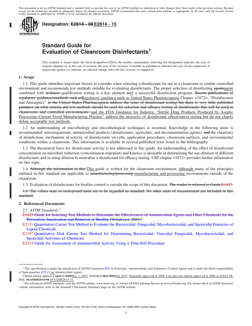 REDLINE ASTM E2614-15 - Standard Guide for Evaluation of Cleanroom Disinfectants