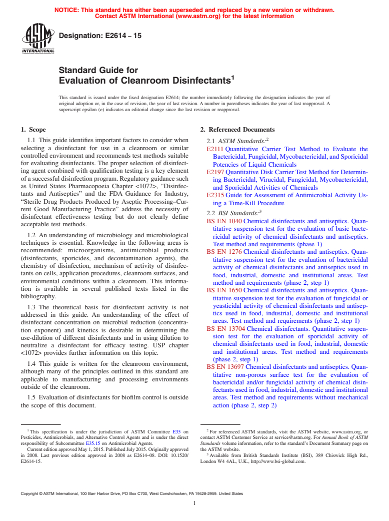 ASTM E2614-15 - Standard Guide for Evaluation of Cleanroom Disinfectants