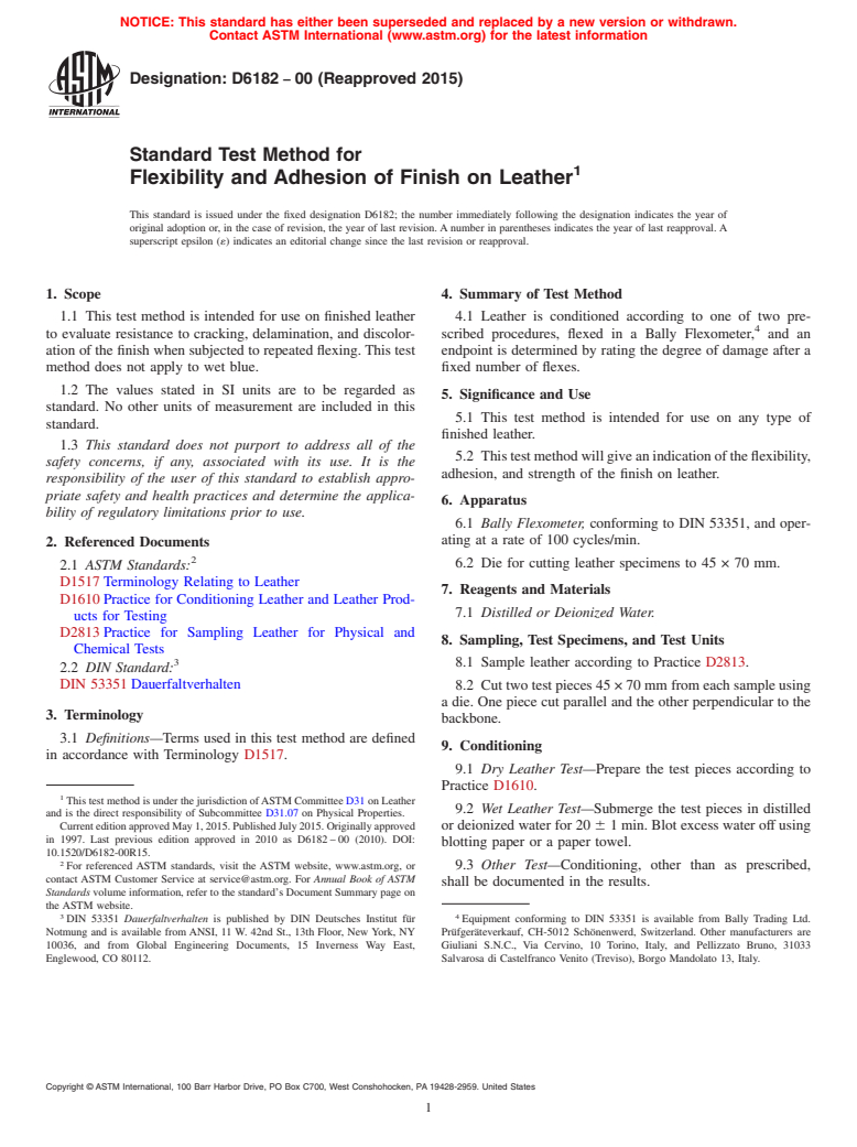 ASTM D6182-00(2015) - Standard Test Method for Flexibility and Adhesion of Finish on Leather