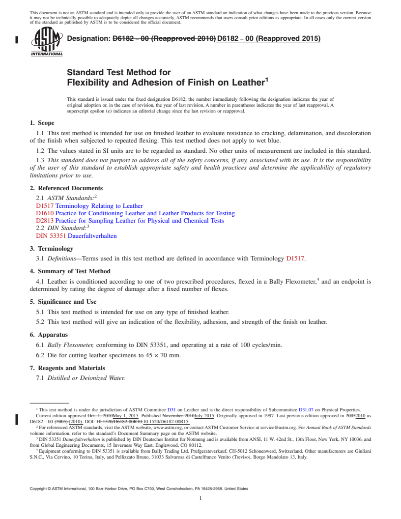 REDLINE ASTM D6182-00(2015) - Standard Test Method for Flexibility and Adhesion of Finish on Leather