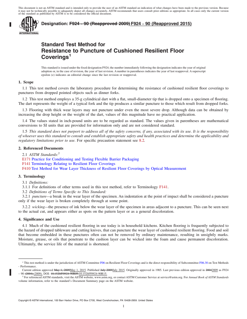 REDLINE ASTM F924-90(2015) - Standard Test Method for Resistance to Puncture of Cushioned Resilient Floor Coverings