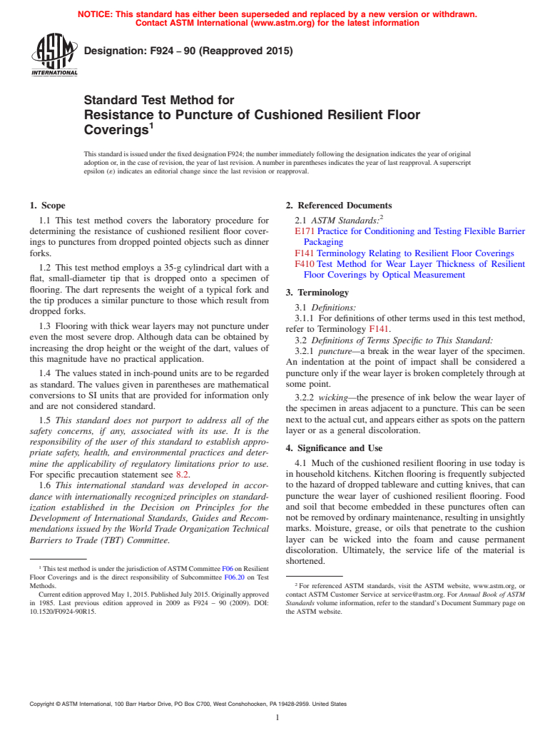 ASTM F924-90(2015) - Standard Test Method for Resistance to Puncture of Cushioned Resilient Floor Coverings